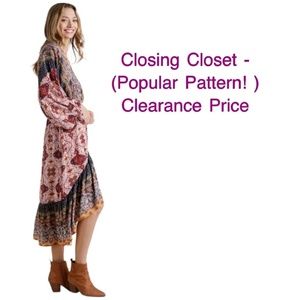 CLEARANCE- Small Umgee Boho Gypsy Multi-Print Midi-Dress